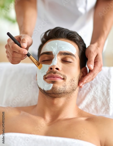 Men's grooming: handsome man receiving a cleansing facial mask treatment at a spa.