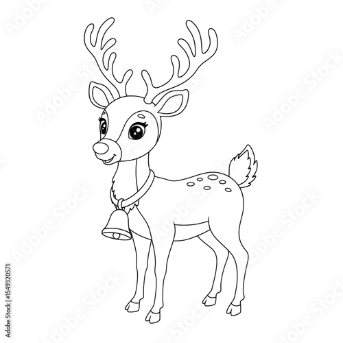 A cartoon reindeer with a collar, bell, big eyelashes, antlers, and white spots