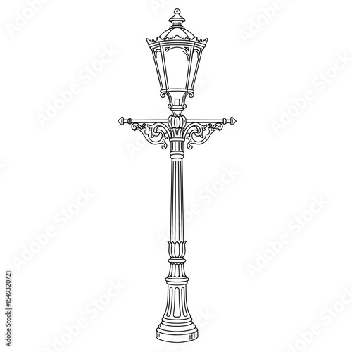 Vintage streetlamp featuring intricate filigree designs in a detailed black and white outline