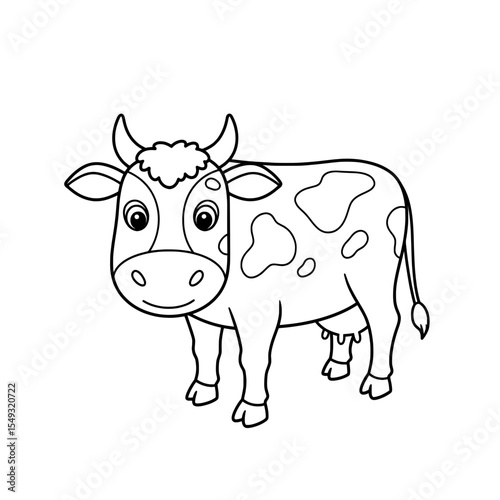 Cartoon of black and white cow with spots and cute face, on white background