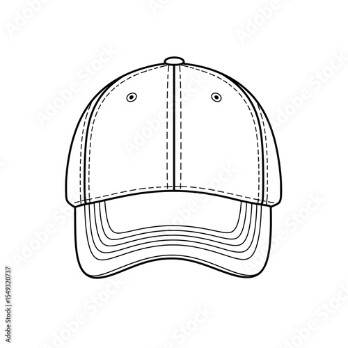 Outline of a classic cap, featuring stitching details and a curved brim in black and white