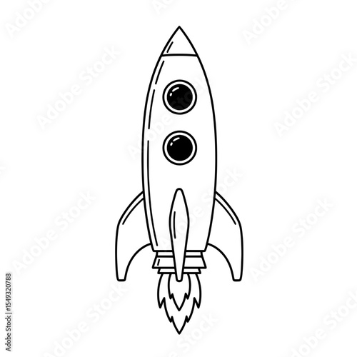 A monochrome rocketship with a pointed top, two windows, and short, curved fins