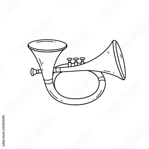 Outline drawing of a brass musical instrument with bell, valves, and tubing in black and white