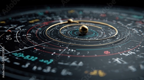Circular graphic of orbital paths with mathematical formulas, featuring golden spheres