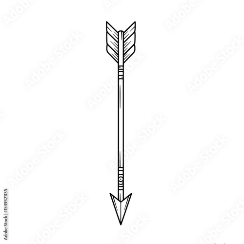 Hand drawn arrow, black and white, showing the fletching