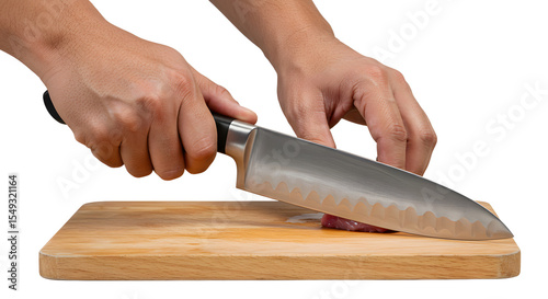 Hand Cutting Food with Knife on Wooden Board for Meal Prep
