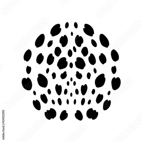 Black, organic shapes, forming a dome on white. Pattern repeats, with varying sizes of spots