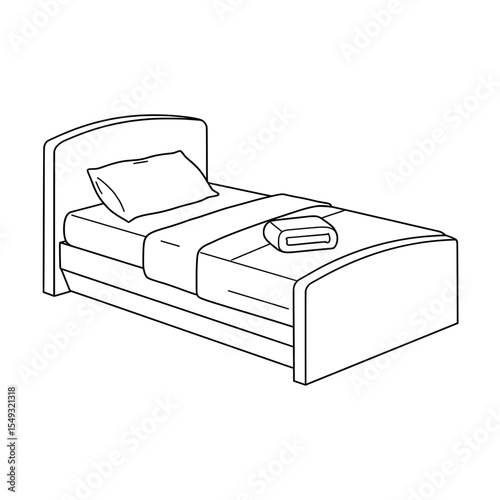 Line drawing of single bed with pillow, blanket, and folded towel