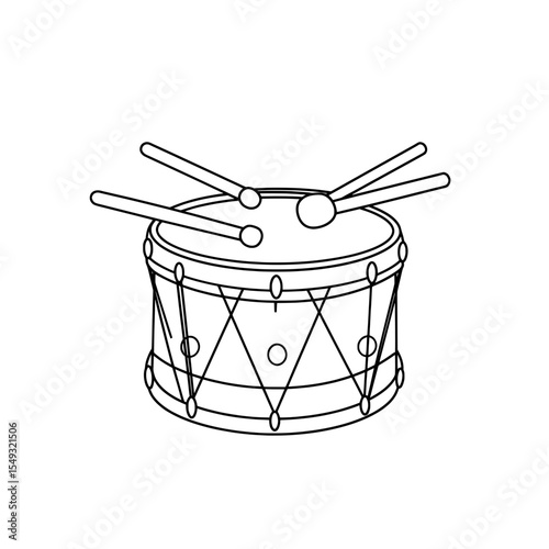 Line drawing of a drum with drumsticks resting on top, ready for a rhythm