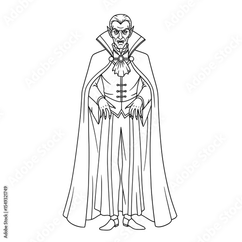 Cartoon vampire character in a cape with prominent fangs drawn in black and white