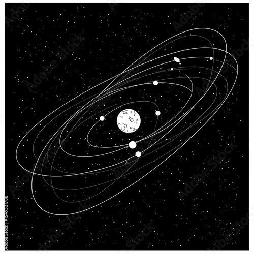 Planets orbit a dotted planet in black space