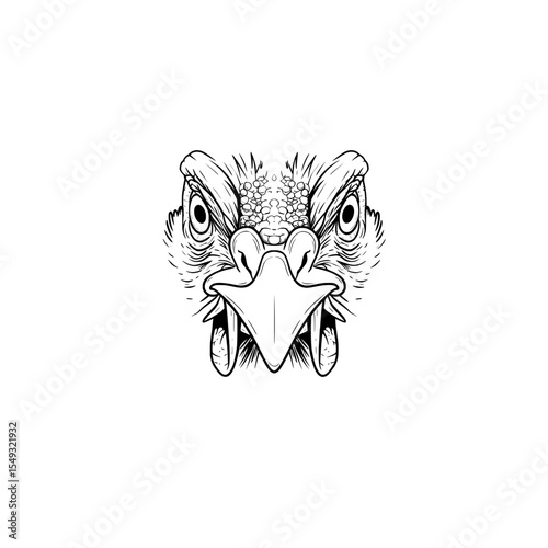 Detailed, monochrome line drawing of the fierce, staring face of a carnivorous bird