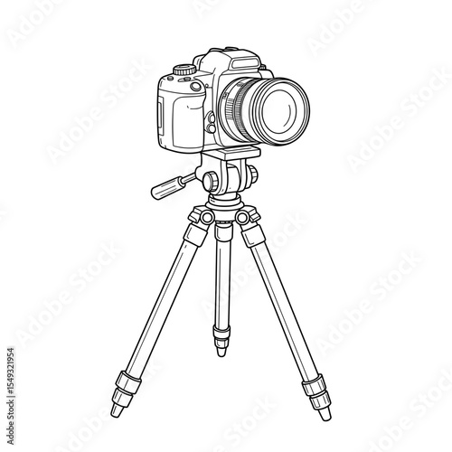 Camera Setup Lined drawing of a camera perched on a tripod, ready to capture moments
