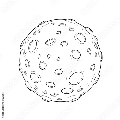 Craterscape Black outline drawing of celestial body with many craters on white background