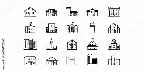 Public and Government Buildings Icon Set, Diverse Architecture Symbols,