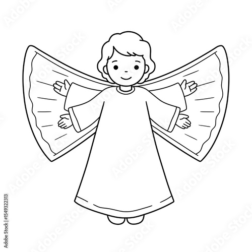 Winged figure with four hands in black and white, perfect for coloring and artistic fun