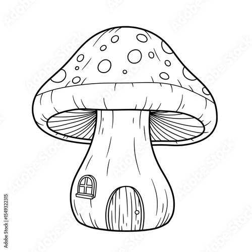Black and white contour drawing of a mushroom with circles on its cap