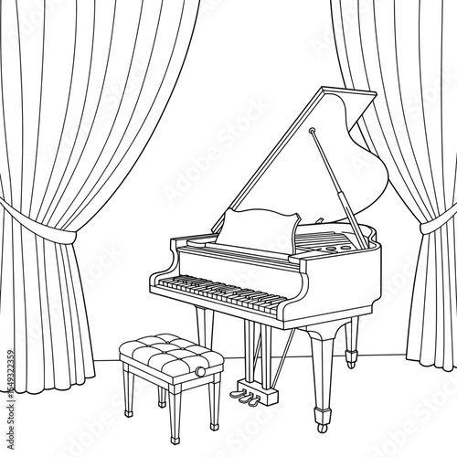 Grand Piano Stage The image depicts a grand piano in front of curtains. It is a line art drawing