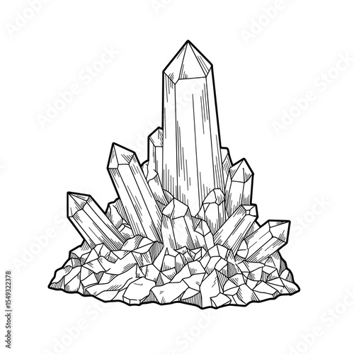 Crystal Cluster Cluster of many sharp crystal shapes of various sizes and angles, linework on a white background