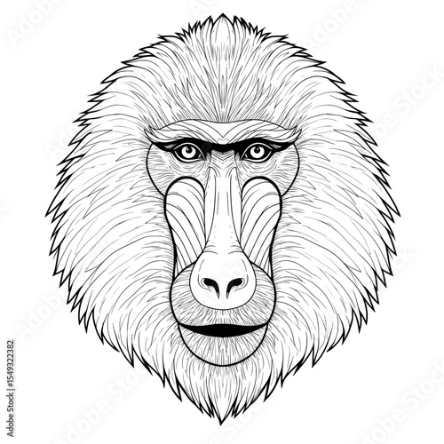 Close-up, monochrome, furry baboon face with defined line work and intricate facial details