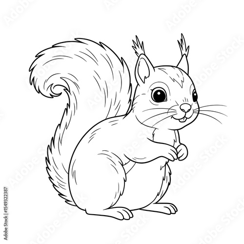 Outlined illustration of a Squirrel with a bushy tail with pointy ears and big eyes