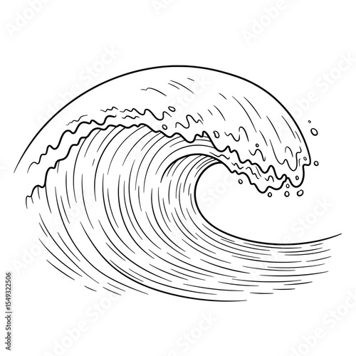 Illustrated ocean wave, in black and white, with a lot of detail