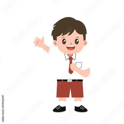 School boy say hello waving hand