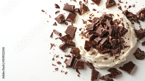 Creamy dessert topped with chocolate chunks, white background, overhead shot, food photography