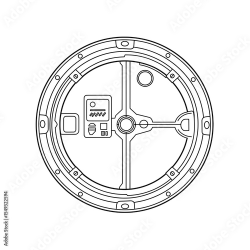Detailed line drawing of a circular hatch with inner panel, buttons, and circular details