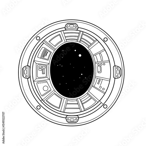 Black & White sketch of a spaceship portal looking out onto starry space
