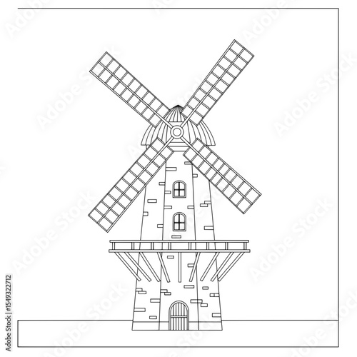 Simple line drawing of a windmill with four sails and two windows on a white background