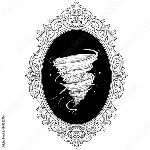 Framed Tornado An ornate frame surrounds a dynamic tornado against a black background