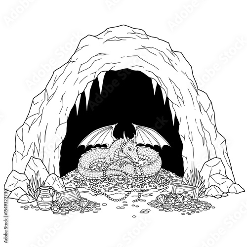 Dragon Cave Dragon with open wings in a dark cave with a rock formation above it, black/white