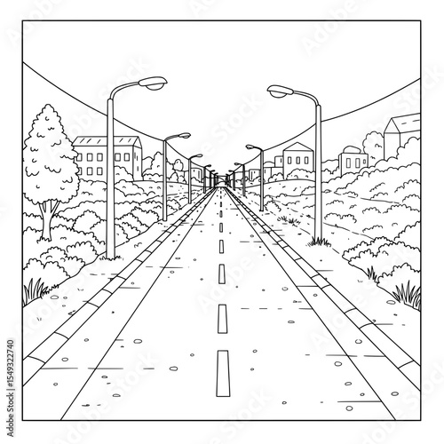 Black and white cartoon landscape with a road going into the distance