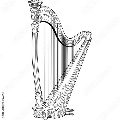 Elegant harp outlined against a white backdrop, complete with a pillar and numerous strings