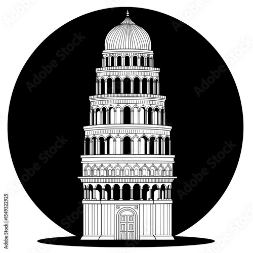 White multistory tower with arches under a dome, over a black half circle