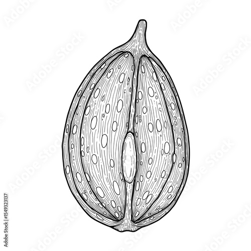 Abstract teardrop shape with pores and a curved stem, detailed with fine lines