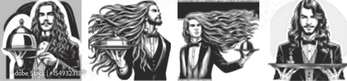Halftone stipple dotted vector bundle design of waiter with long hair holding tray black silhouette, retro dot effect illustration, service industry icon set, restaurant staff art