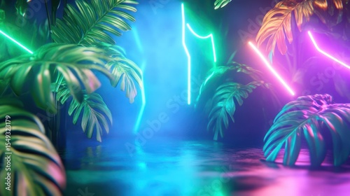 Neon lights illuminate tropical plants in dark studio; vibrant background for design