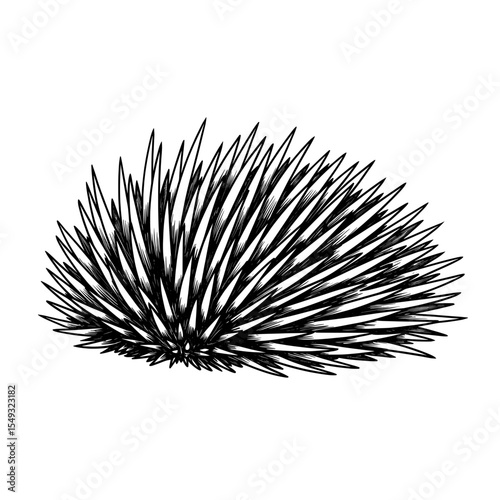 Grassy half circle with long, pointy leaves in black, lower left over stark white