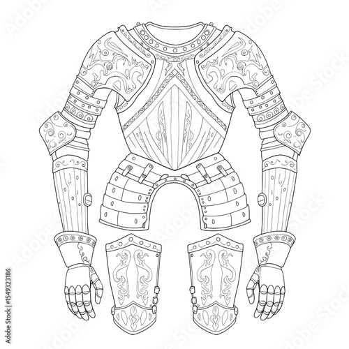 Intricate line art of a full armor suit with detailed plates & ornamental patterns