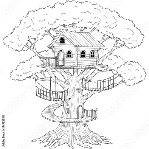 Treehouse A whimsical treehouse nestled in the branches, with bridges and swing