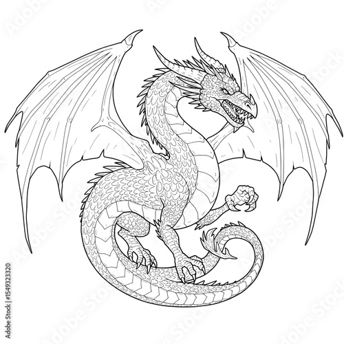 Scaled beast ready to strike, wings spread, fierce expression, and sharp claws