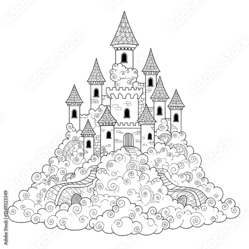 Fairytale castle in outline, with tall towers and ornate details, nestled among clouds