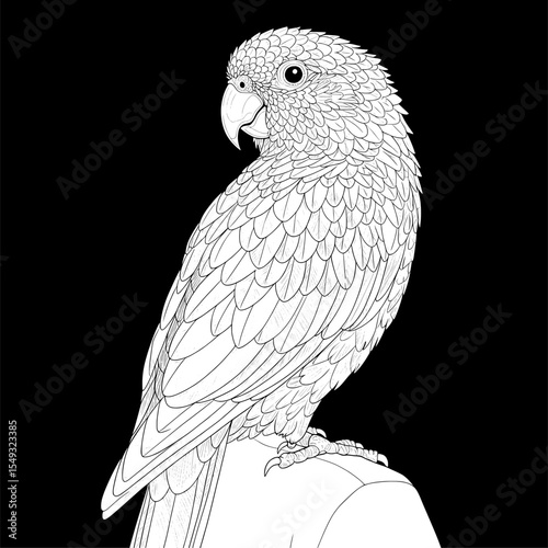 Intricate white parrot drawing on black. Detailed plumage, turning head, sharp beak, and round eye