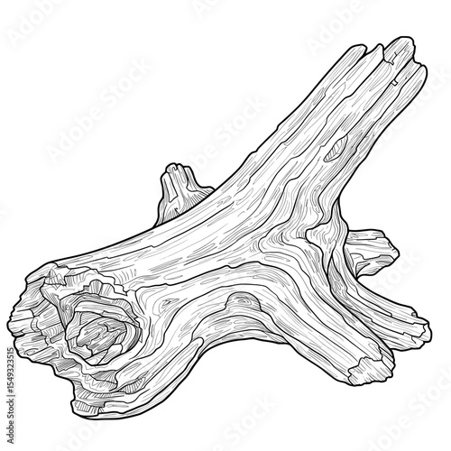 Detailed black and white line drawing of textured driftwood against a white background