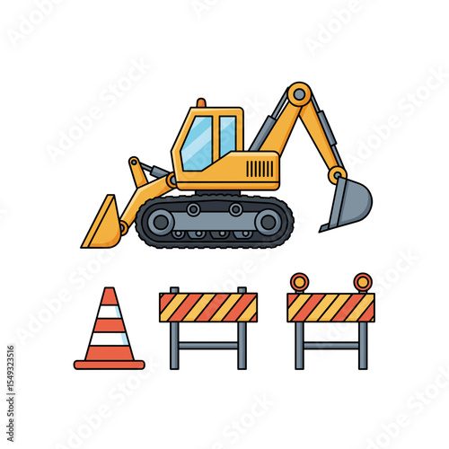 Construction Site Illustration Excavator, Barriers, and Cones