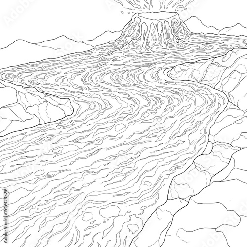 An erupting volcano flowing with lava, surrounded by mountains and rock formations