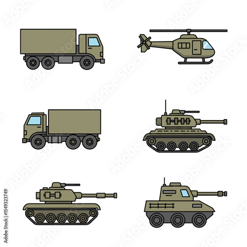 Military Vehicle Icons Trucks, Tanks, and Helicopter 