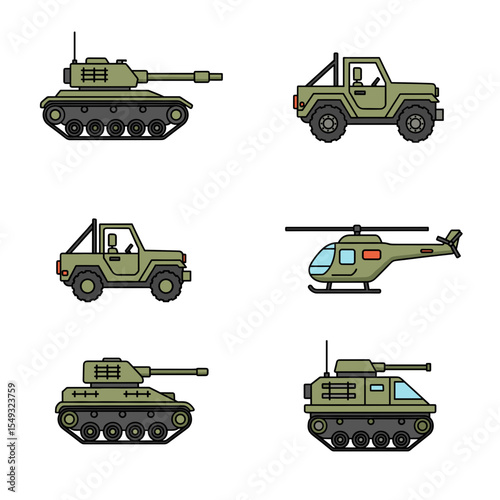 Military Vehicle Icons Tanks, Jeeps, and Helicopters - 